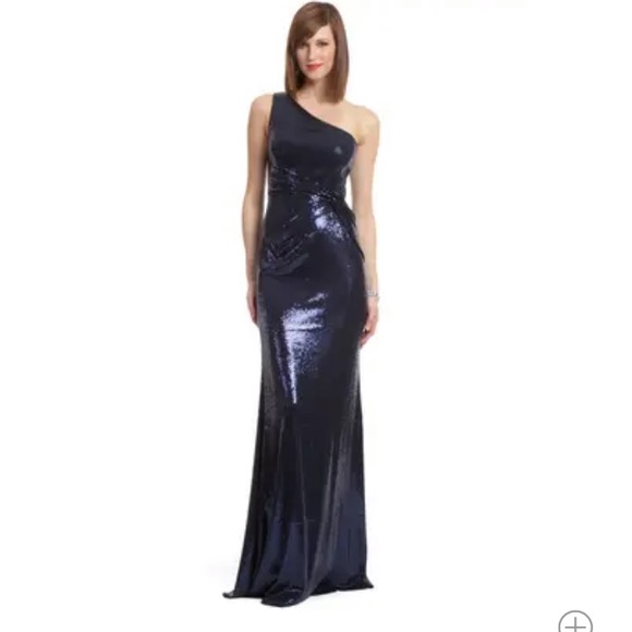 David Meister Navy Sequin One Shoulder Sultry Gown - Picture 3 of 11